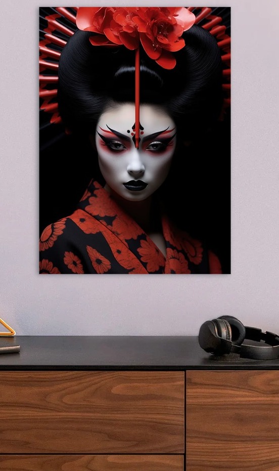 Geisha Portrait with Red and Black — metal poster wall art by Lineer